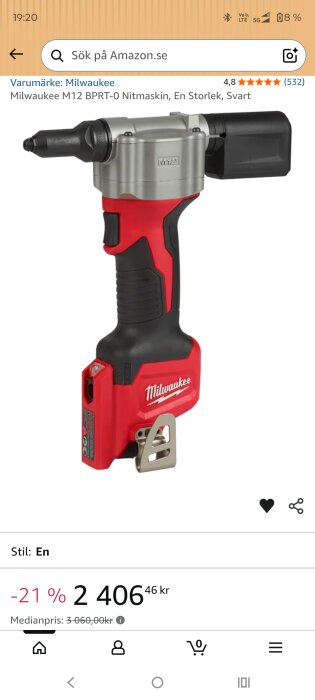 Milwaukee M12 BPRT-0 nitmaskin i svart och rött, visas på en webbplats med pris och recensioner.
