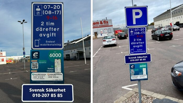 Skylt förändrad vid Jem & Fix parkering, visar parkeringsregler och mobilbetalning. Före och efter bilder av parkering i Trelleborg.