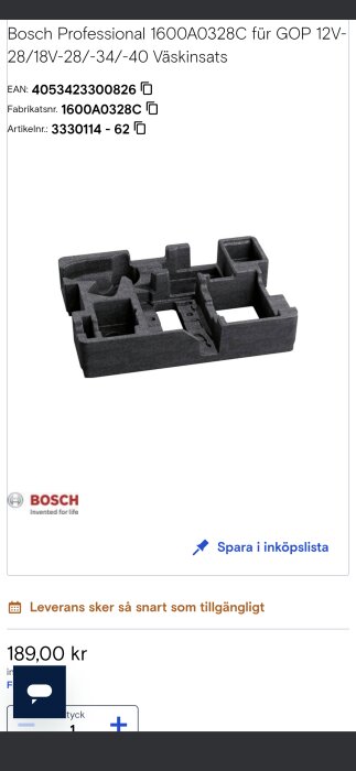 Bosch Professional väskinsats, modell 1600A0328C, svart insats för GOP 12V-28/18V-28, visas i produktbild från Conrad. Pris: 189 kr.