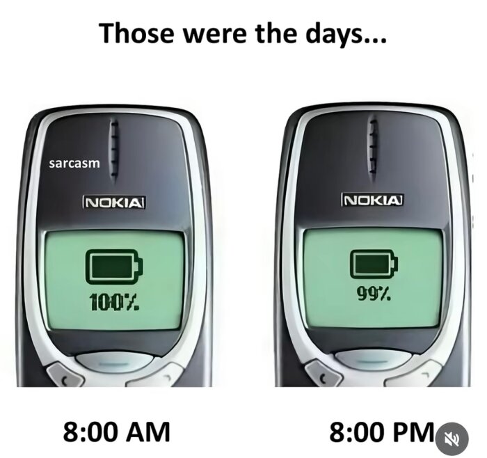 Två Nokia-mobiler med batteriindikatorer som visar 100% kl. 8:00 och 99% kl. 20:00 under texten "Those were the days...