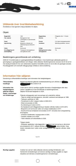 Överlåtelsebesiktning av fastighet från 1922, detaljer om byggnadsmaterial, renoveringar och tidigare skador, inklusive tak och syllproblem.
