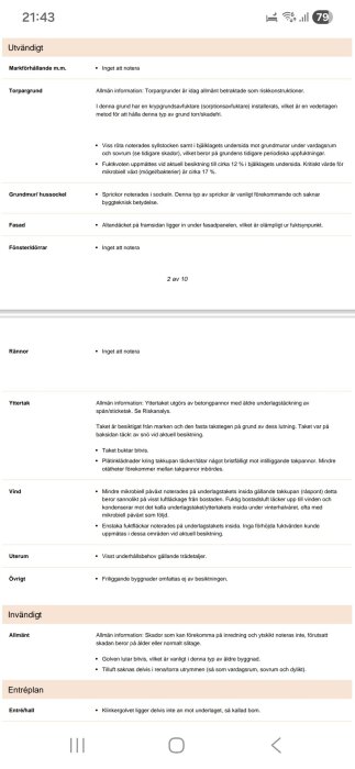 Besiktningsprotokoll med noteringar om syllstockarnas röta, takets bristfälligheter och sprickor i sockeln på en fastighet.