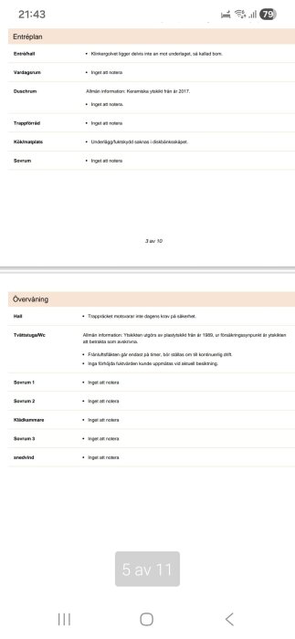 Bild av en besiktningsrapport med kommentarer kring hall, duschrum och tvättstuga/WC samt allmän information om övervåningen.
