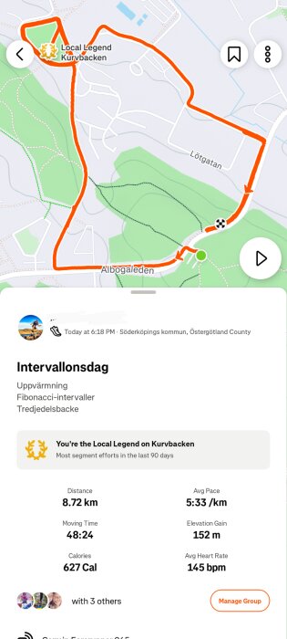 Karta över en löprunda i Söderköpings kommun, Östergötland, med rutt markerad i orange. Innehåller löpdata som distans och tid.