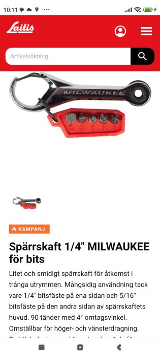 Spärrskaft 1/4" Milwaukee med bitshållare och flera bits, visas på en produktbild mot en vit bakgrund.