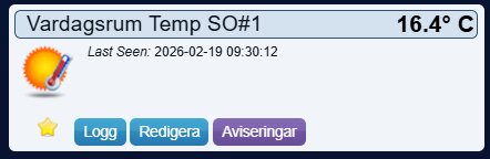 Temperaturlogg för vardagsrummet visar 16,4 grader Celsius den 19 februari 2026 klockan 09:30.