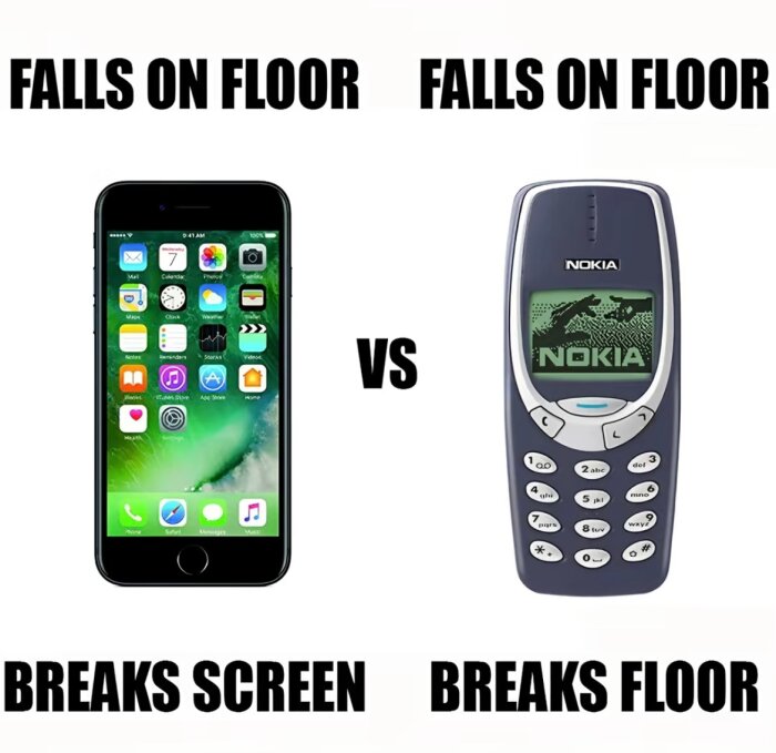 Modern smartphone och äldre Nokia-telefon jämförs humoristiskt i hållbarhet; smartphone skärmskadad vid fall, Nokia påstås skada golvet.