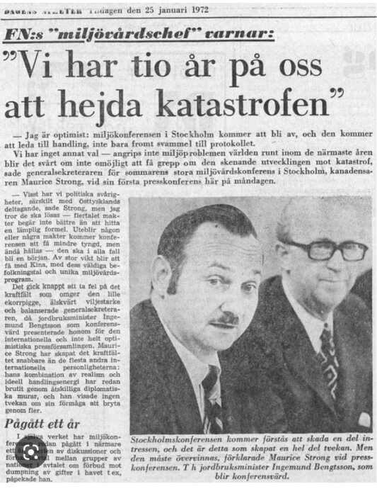 Tidningsartikel från januari 1972 om FN:s miljövårdskonferens med rubriken "Vi har tio år på oss att hejda katastrofen".