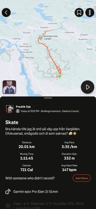 Träningsspår på karta i Borlänge, Dalarna, visar 20,01 km skateprestation inklusive tid, hastighet, kalorier och pulsdatal insamlat med Garmin-enhet.
