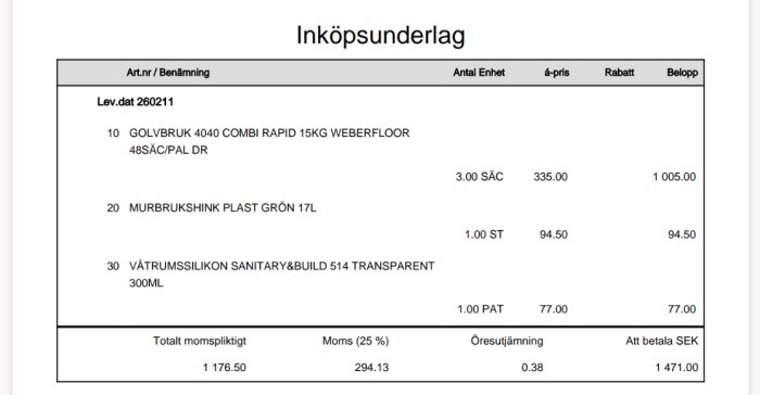 Inköpsunderlag med materialspecifikation: golvbruk, murbruk och våtrumssilikon med kvantiteter, priser och totalbelopp inklusive moms.