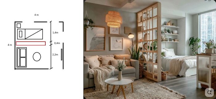 Liten lägenhet i modern stil med sovplats och sittplats separerade av en öppen hylla, komplett med växter och mjuka textilier.