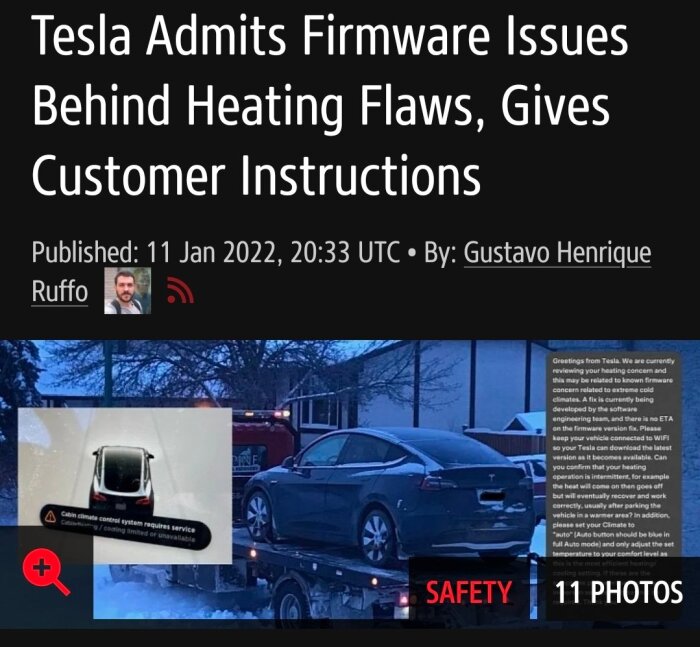 En grå Tesla transporteras på ett flak. Texten handlar om Teslas firmwareproblem med bilens värmesystem.