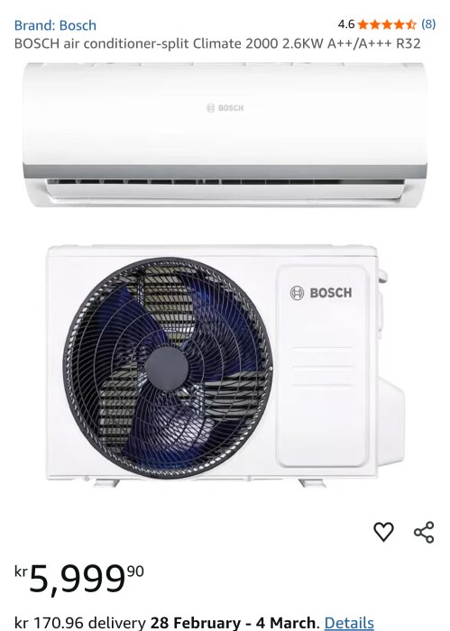 Bilden visar Bosch air conditioner-split Climate 2000 med både inomhus- och utomhusenhet. 2.6KW, A++/A+++, R32. Pris: 5999,90 kr. Leveransinfo visas.