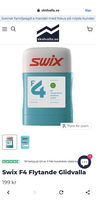 Swix F4 flytande glidvalla, fluorfria för alpint bruk, 100 ml flaska på skidvalla.se.