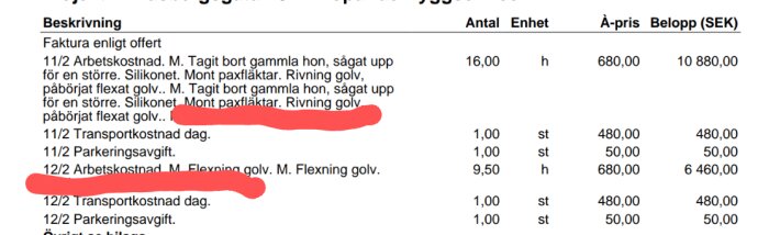 Faktura med specificerade arbetstimmar, datum och kostnader för byggarbete inklusive borttagning av gammalt golv och montering av paxfläktar.
