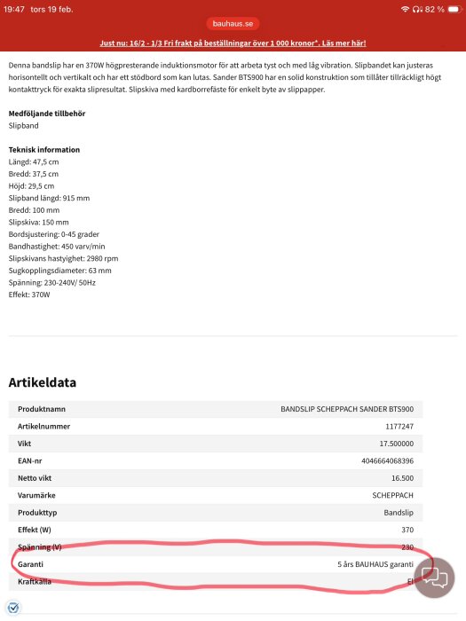 Produktbeskrivning av bandslip Scheppach Sander BTS900 med 5 års BAUHAUS garanti markerad i en tabell.