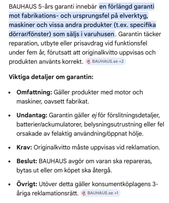 Text som beskriver BAUHAUS 5-års garanti och dess villkor för elverktyg och produkter, inklusive undantag och krav.