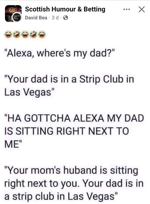Text om Alexa som avslöjar att personens far är i en stripklubb i Las Vegas, vilket överraskar närvarande.