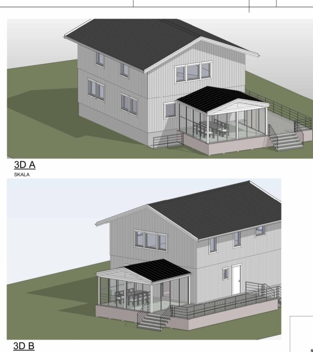 3D-rendering av ett hus med ett uterum, glaspartier och skjutbara dörrar. Visar två olika perspektiv med uterumsdesign.