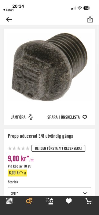 Propp 3/8 med utvändig gänga, artikelnummer 5125599 hos Hornbach, visas på produktbild med prisinformation.
