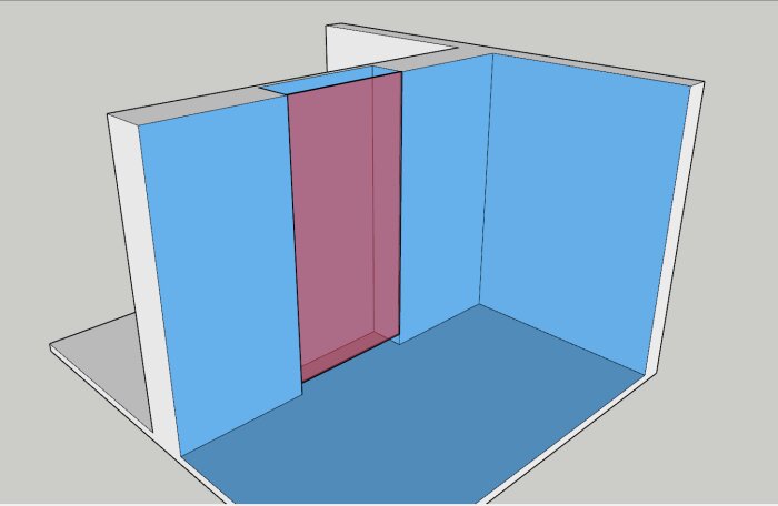 3D-teckning av ett badrum, med blå vattentätning på väggar och golv, röd inbyggd cistern, och dräneringsgap vid botten.