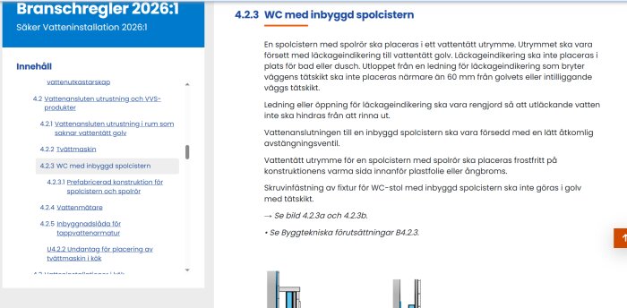 Webbsidan visar branschregler för installation av WC med inbyggd spolcistern, med text om läckage, placering och materialkrav.