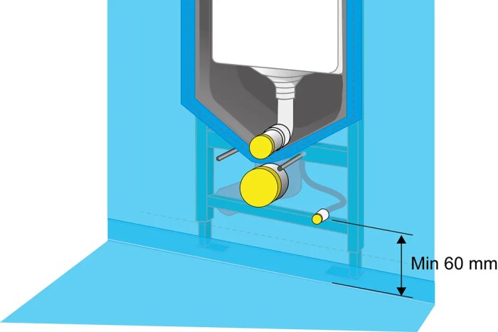 Illustration av cistern bakom tätskikt med avloppsrör och minst 60 mm avstånd till tätskikt enligt byggstandard för väggmonterad toalett.