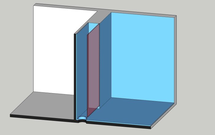 3D-diagram av ett hörn i ett badrum. Den blå ytan visar vattentätning, den transparent rödlila ytan visar en cisternfront. Visar även ett dräneringsutrymme.