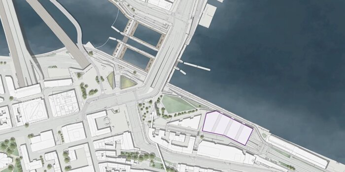 Karta över Stockholmsområdet med planerad plats för Nobelcenter markerad nära vattnet och intill vägar och parker.