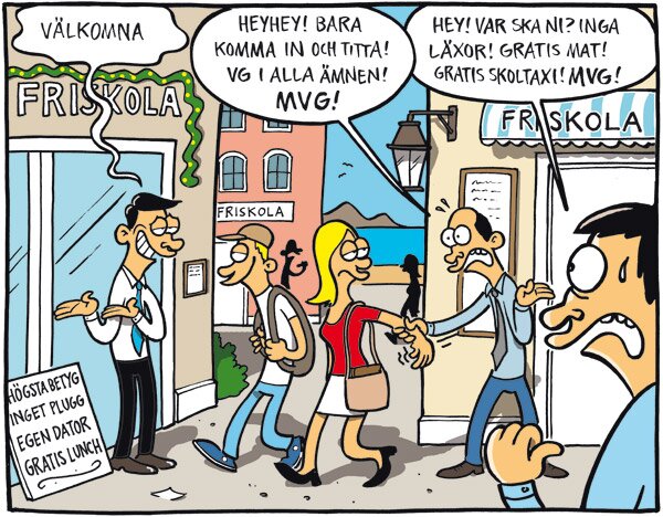Tecknad serie som visar två friskolor som konkurrerar om studenter med erbjudanden som högsta betyg och gratis förmåner medan elever går förbi.