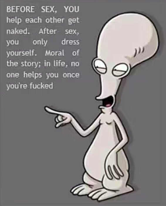 Tecknad figur med stort huvud pekar och står bredvid text om hjälp i livet, med humoristisk ton.
