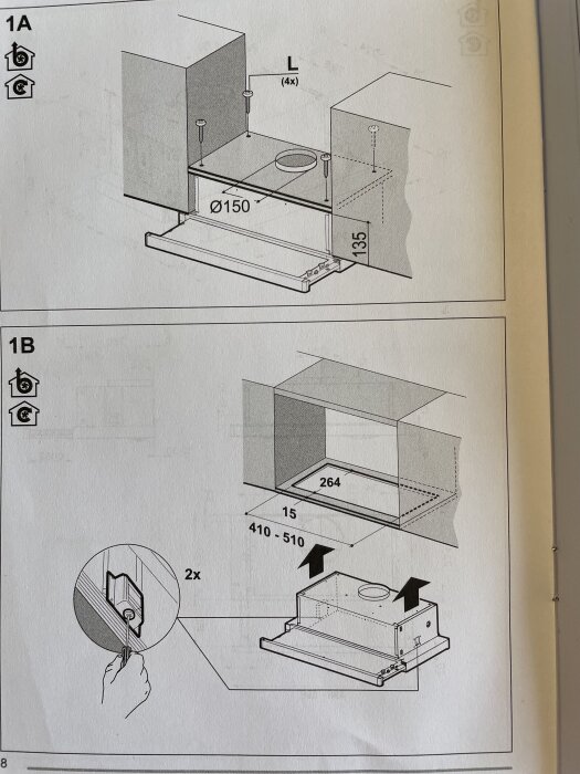Illustration av fläktinstallation med mått och skruvplacering.