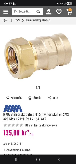 Guldfärgad klämringskoppling med invändig gänga, för stål- och kopparrör. Visar specifikationer och pris på en svensk butikssida.