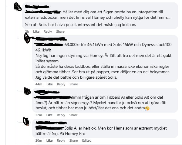 Diskussionstråd om integrationslösningar för laddboxar och prisjämförelser mellan Solis och Sigen, med fokus på systemkompatibilitet och användarupplevelse.