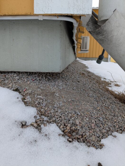 Grus och snö kring husgrund med rasad kant, visar tillbyggnad på hus gjuten med kantelement. Rasvinkel kan indikera behov av mer grus.