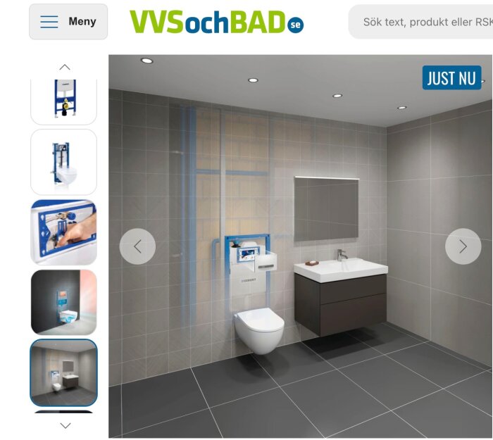 Illustration av ett modernt badrum med inbyggd WC-fixtur och handfat, sett på en webbsida för badrumsprodukter.