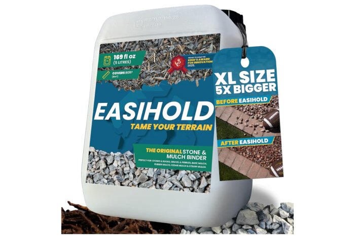 Behållare med EasiHold sten- och mulchbindare, etikett visar före- och efterbilder på grus ytor.