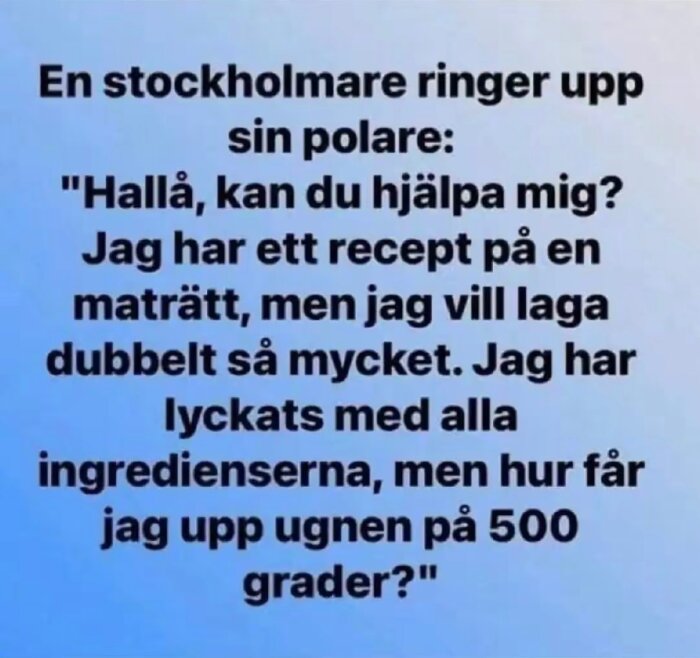 Text bild med ett skämt om en stockholmare som försöker laga dubbel mängd mat men undrar hur man ställer ugnen på 500 grader.