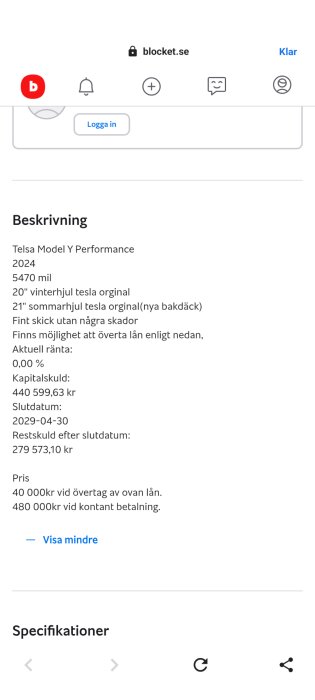 Beskrivning av en Tesla Model Y Performance från 2024, med olika hjul, utan skador, och information om lån och prisalternativ.