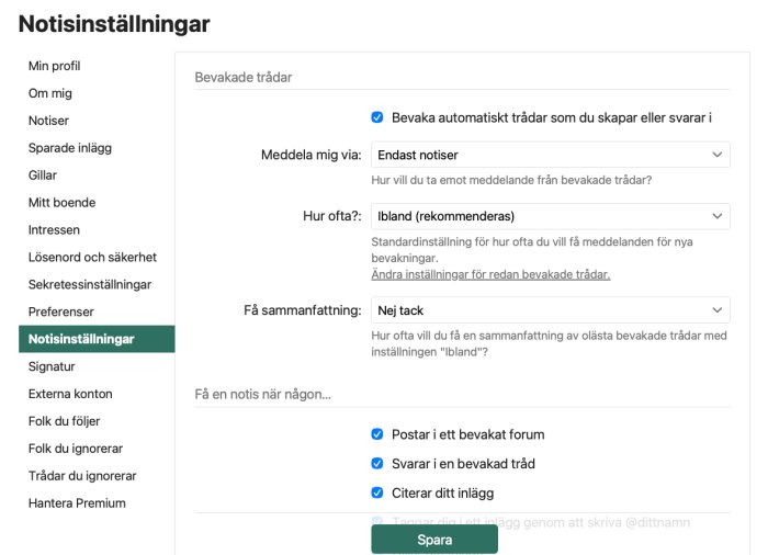 Inställningar för notiser på ett forum med val för att bevaka trådar och få meddelanden och sammanfattningar. Inställningar inkluderar "Ibland" och "Nej tack".