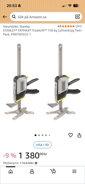 Stanley FATMAX TradeLift 150 kg lyftverktyg, tvåpack, visas på en vit bakgrund med produktdetaljer i topp på en Amazon-sida.