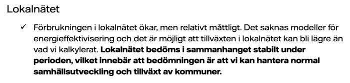 Text från Vattenfalls rapport om lokalnätets stabilitet och förbrukning.
