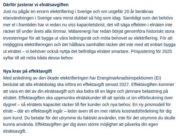 Textstycke om justering av elnätsavgiften och effektavgift i samband med ökad elektrifiering i Sverige.