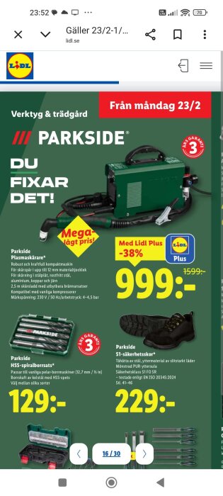 Reklam för Parkside verktyg på Lidl med erbjudanden på plasmaskärare, spiralborrsats och säkerhetsskor, rabatter och priser tydligt angivna.