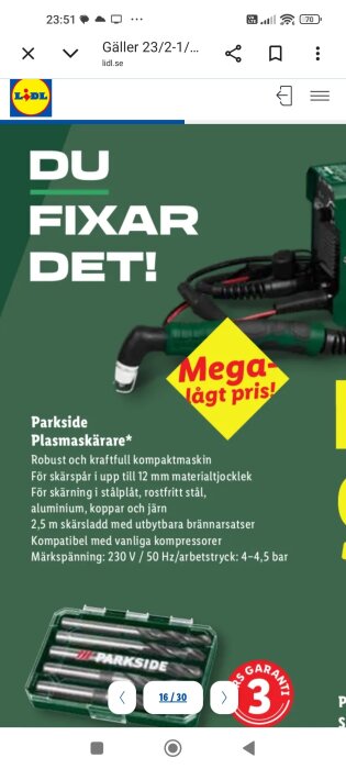 Reklam för Parkside plasmaskärare med bild av verktyget och text som lyder "Mega-lågt pris!", samt specificerade tekniska detaljer.
