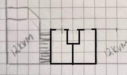 Skiss av badrumsplanering, visar två 6 m² badrum och layout med potentiellt utrymme för ytterligare en toalett.