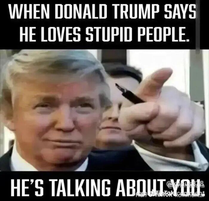 Image of a person pointing with text implying a humorous statement about loving unintelligent people.