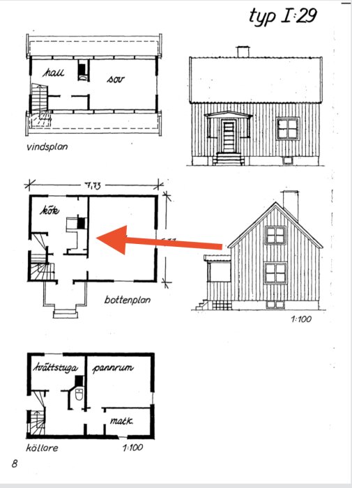 Ritningar av ett hus från 1929 med en röd pil som pekar på en vägg i köket på bottenplan.