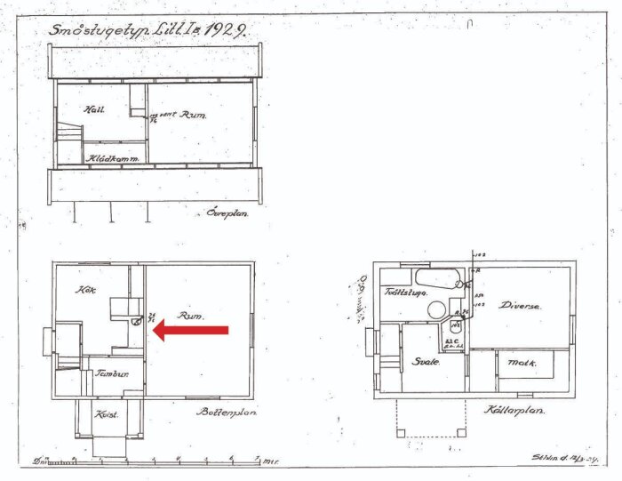 Planritning från 1929 av ett hus med markerad vägg i rött.