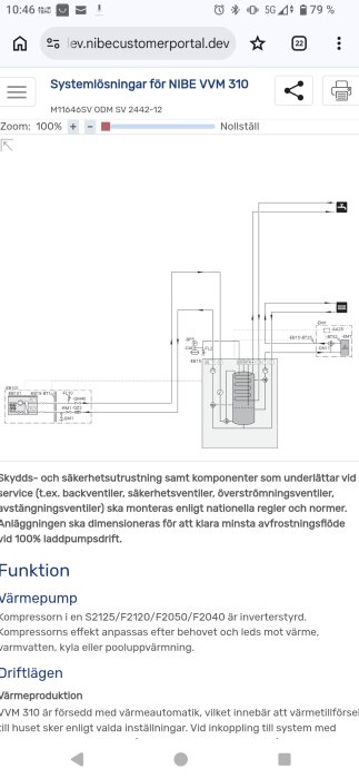 Diagram över inkoppling av värmepump NIBE VVM 310, visar säkerhetsventiler och komponenter enligt krav.